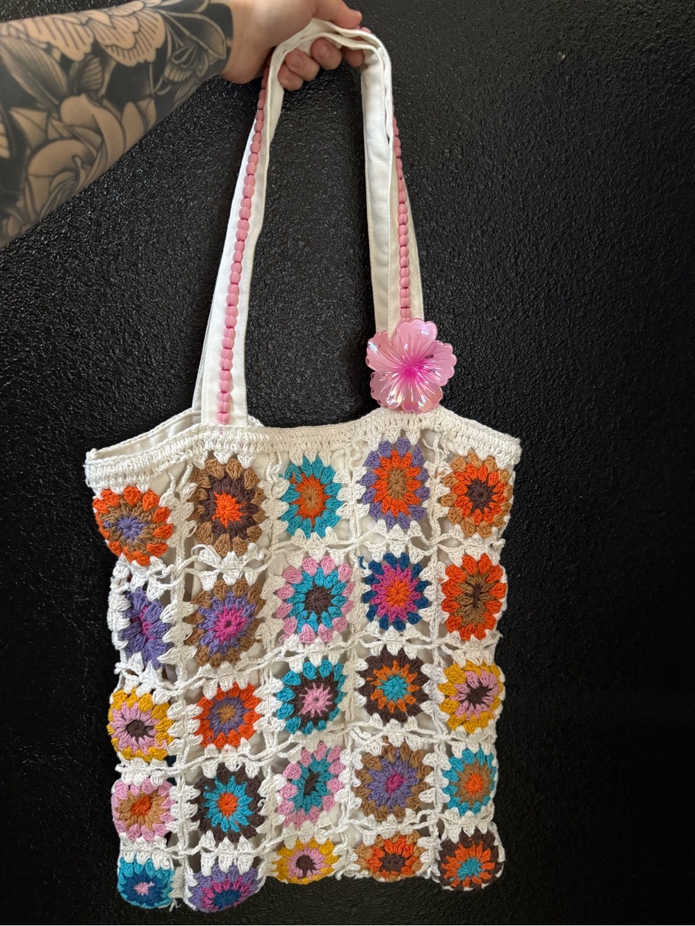 Handmade Crochet Floral Tote Bag in White and Multicolor